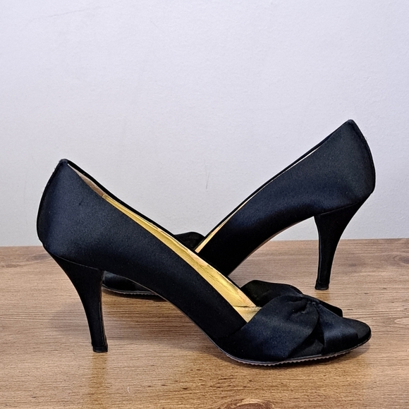 J. Crew Black Heels Women's Size 8 Fabric Upper Bow Open Toe Gold Made in Italy - Picture 15 of 16